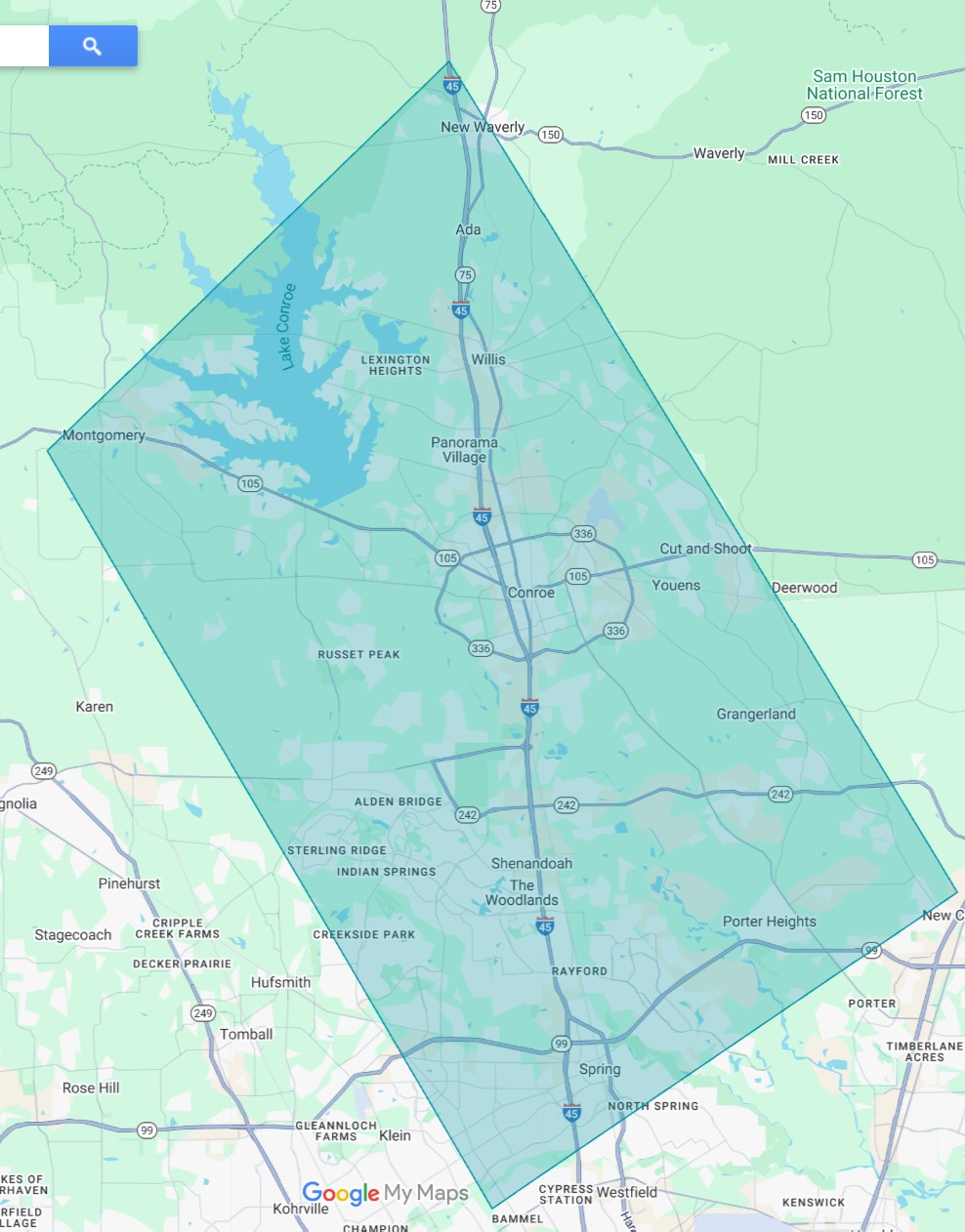 Map showing free book donation pickup service area in Conroe, Willis, Montgomery, and The Woodlands Texas